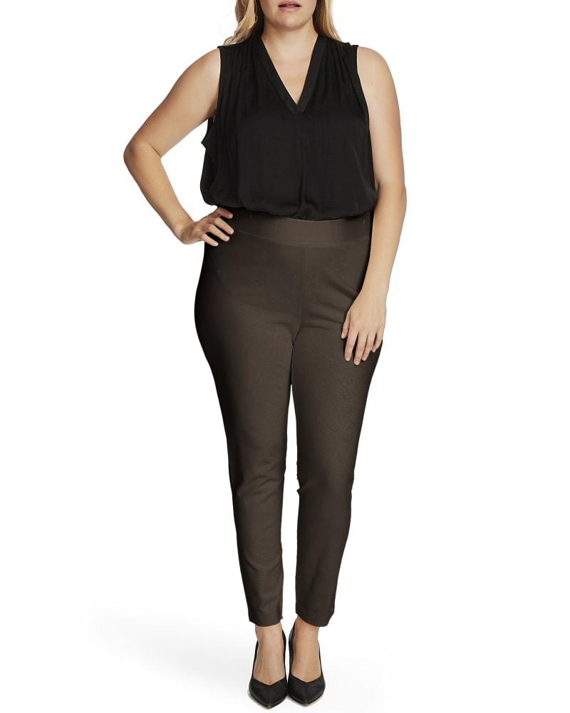 Front of a model wearing a size 1X PONTE LEGGING in FRENCH ROAST by Vince Camuto. | dia_product_style_image_id:261847
